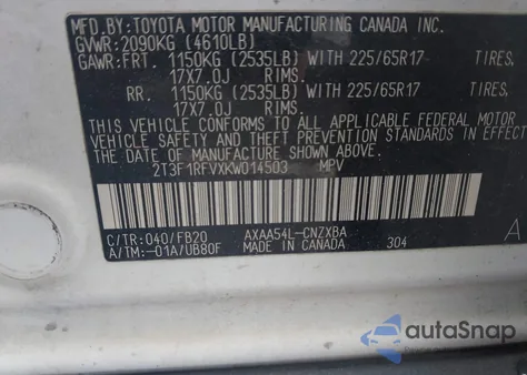 2019 Toyota Rav4 Le из США, поврежденный, VIN 2T3F1RFVXKW014503